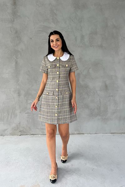 Seda Yalçın Atelier Yellow Plaid Baby Collar Gold Buttoned Dress