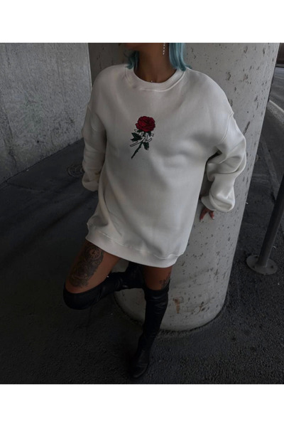 JANES Oversize kroj Tri niti B okrugla kragna B Štampano Dukserica - Bela