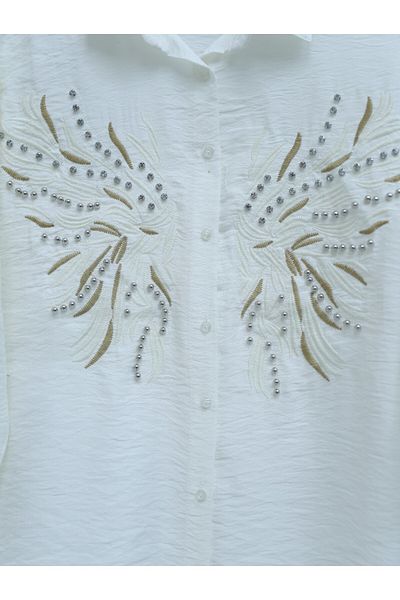 Modamorfo Cămașă de in brodat cu piatră și broderie -ecru