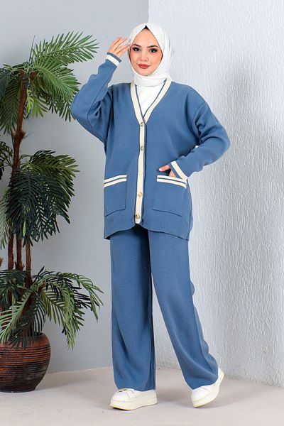 MODAQU Blue Knitwear Cardigan and Trousers Set - Pocketed