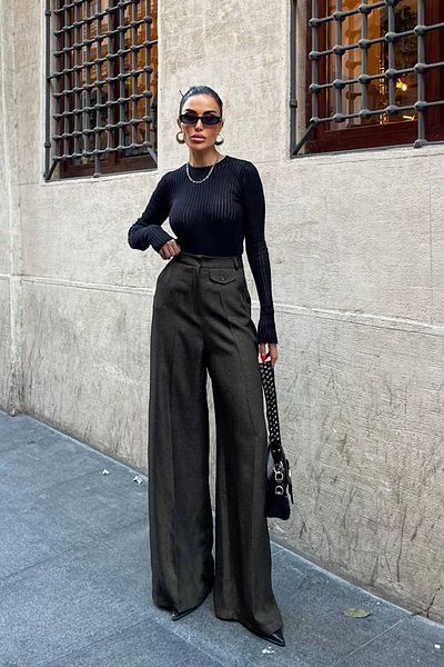 Ortaya Çık Παντελόνι Khaki Palazzo - Μάλλινο εφέ και σχέδιο τσέπης