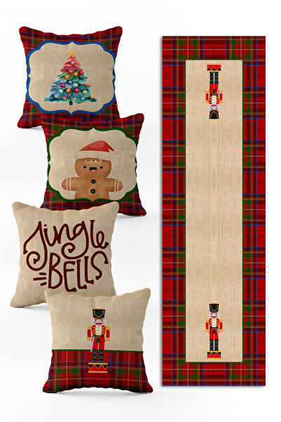 Evmila Yılbaşı Özel Set 4 Adet Kırlent 1 Adet Runner