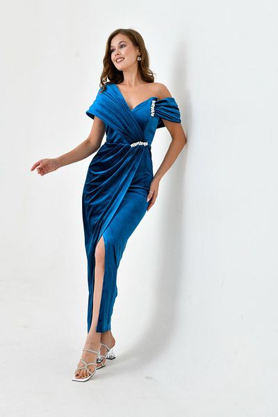 Neşeli Butik Women's Stone and Slit Detailed Velvet Evening Dress Nbs9361