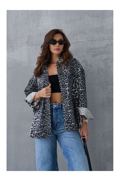 BE CHİC Cămașă de damă, gri neagră, cu model leopard, din gabardină