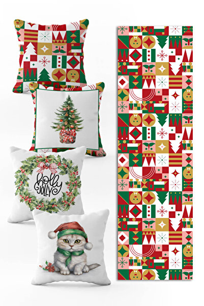 Evmila Yılbaşı Özel Set 4 Adet Kırlent 1 Adet Runner