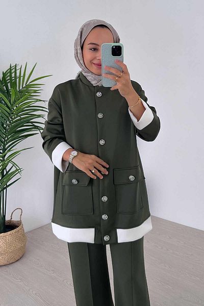 Ka Hijab Elegant Button Detailed Scuba Hijab Set of 2 - Khaki