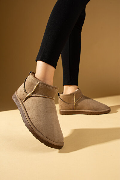 Pembe Potin Women's Mini Mink Nubuck Ankle Boots with Feather Inside Flat Comfortable Sole Women's Boots