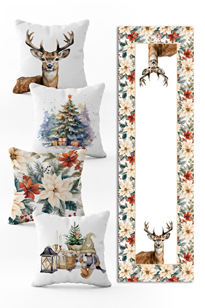 Evmila Yılbaşı Özel Set 4 Adet Kırlent 1 Adet Runner