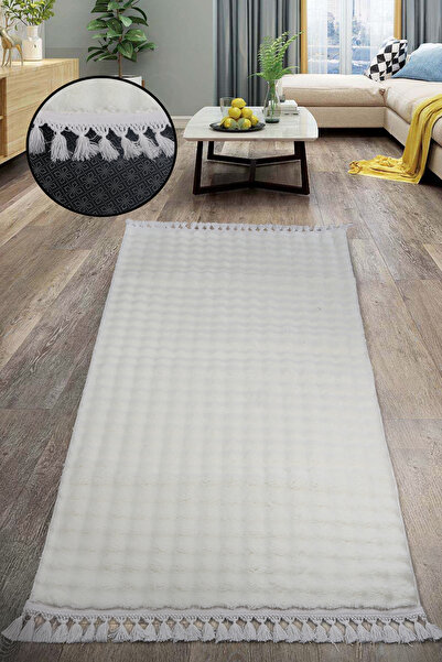 Teksev Bubble Cream Color Pompom Fringed Cutting Plush Runner Machine Washable Non-Slip Base Fluffy Carpet