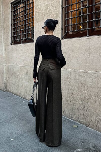 Ortaya Çık Khaki Palazzo Trousers - Wool Effect and Pocket Design