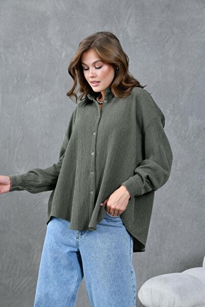 minaaise Kadın Haki Krinkıl Kumaş Gömlek 28175