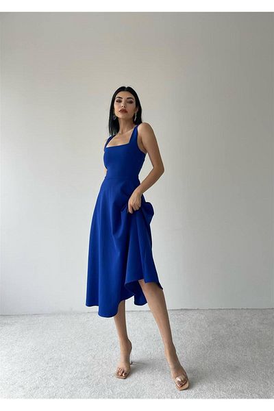 conconmoda Calliope Square Collar Midi Dress - Blue