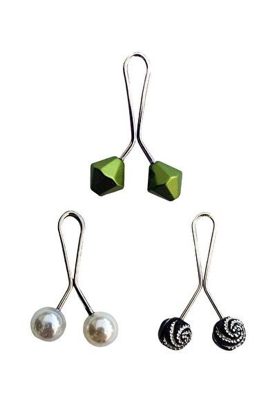 Marsilyan 3 Pieces Hijab Scarf and Shawl Clip Pearl White Black Patterned Green