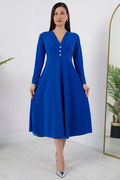 PULLIMM V Yaka Önden Düğmeli Kloş Elbise 2024-2159