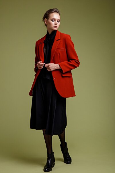 Saade Red Double Button Closure Pocket Detailed Blazer Woven Jacket