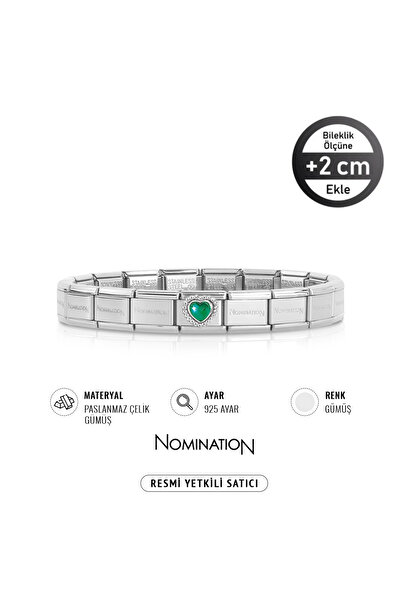 NOMİNATİON Italy Composable 925 Ayar Gümüş zirkon taşlı mat yeşil kalp ve Çelik Bileklik Silver