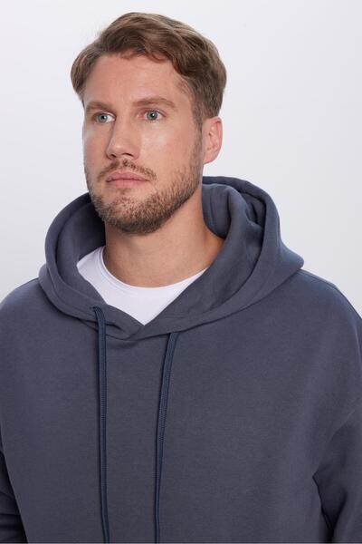 Tudors Unisex Oversize Geniş Kesim Pamuklu Yumuşak Dokulu Içi Polarlı Basic Gri Kapüşonlu Sweatshirt