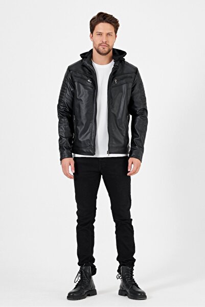TREND KOMBİN Men's Black Leather Coat - Hooded and Standard Cut