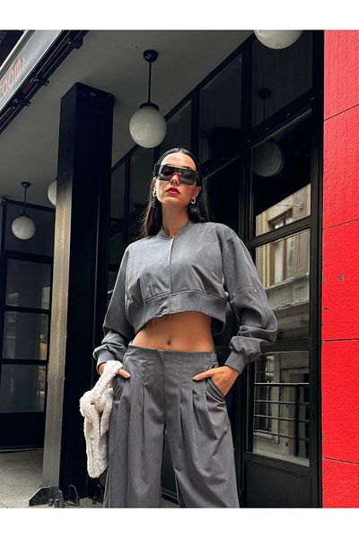minaaise Γυναικείο κοντό μπουφάν Anthracite Polyviscon Ribbed Bomber 28008