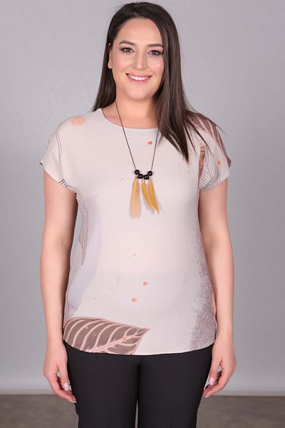 Trend42plus Leaf Patterned Low Sleeve Mink Blouse