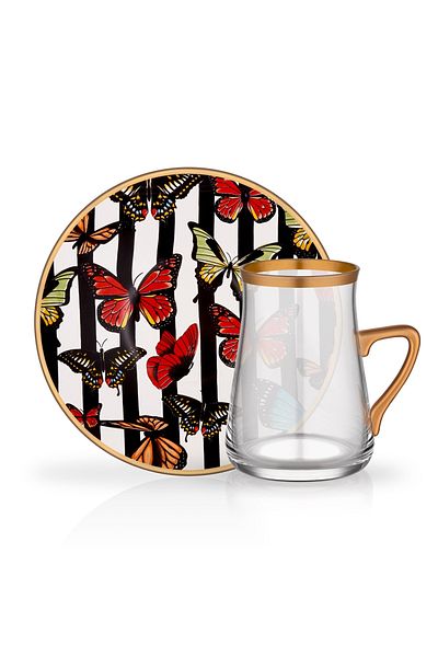 Glore 6-Piece Tarabya Butterfly Patterned Tea Cup with Handles