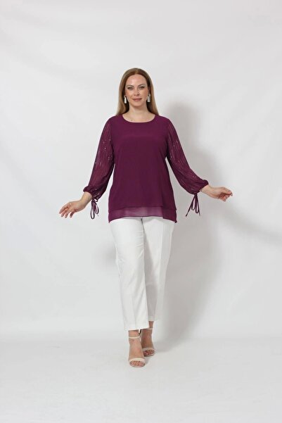 Moda Berray 3243 Kolu Taş Baskılı Şık Bluz Mürdüm