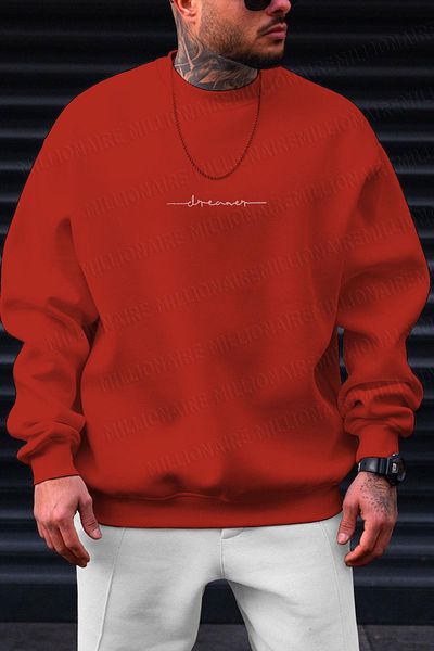 Millionaire Men's Red Dreamer Printed 0 Crew Neck Oversize Loose Loose Cut Fleece Sweatshirt
