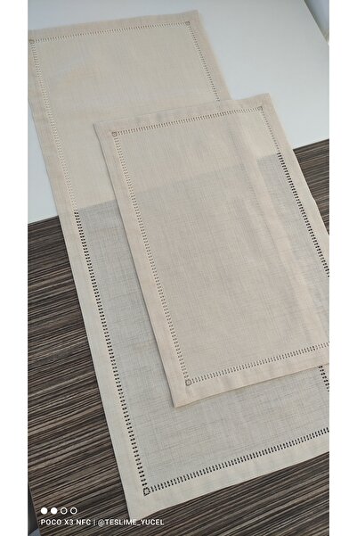 Etuval Linen Etamin_nakisim 2 Parça Etamin Salon Oda Takım. Runer Ve Orta Sehpa. Açık Bej Renk. Şeker Antika