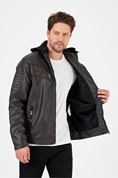 TREND KOMBİN Ανδρικό δερμάτινο παλτό με καφέ κουκούλα - Standard Fit