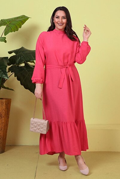 Ferace Kadin Buyuk Beden Elbise Piliseli Tesettur Elbise Fuşya