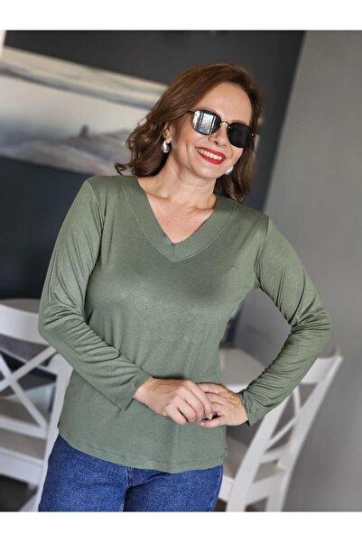 Felix Butik FELİX12636 V Yaka Basic Haki Yeşil Viskon Bluz