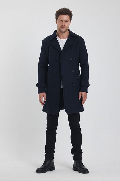 TREND KOMBİN Мъжко тъмносиньо кашмирено палто - Двойна яка, Дълго, Slim Fit