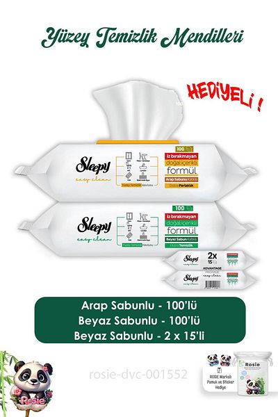 Sleepy 100 Pack White and Arabian Soap Surface Wipes - Easy Clean 2X15 and Rosie