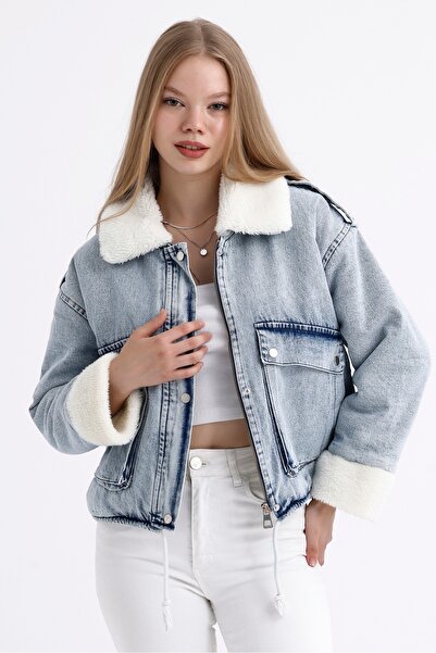 MD trend Дамско дънково палто с двоен джоб с цип и копчета, подплатено с кожа, в цвят снежнобял деним