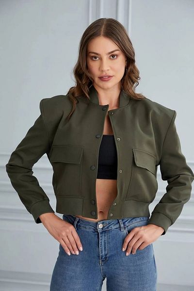 mangis Palazzo Diving Fabric Double Pocket Bomber Jacket