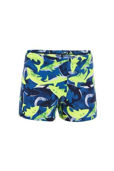 Decathlon Nabaiji Kids Boxer Swimsuit - Black/Neon Yellow - Shark Pattern - 500 Fitib
