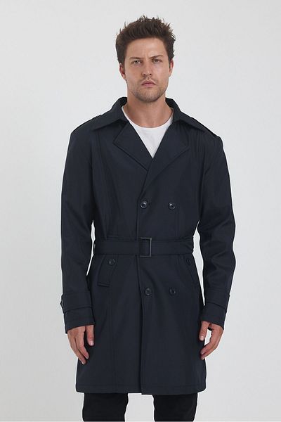 TREND KOMBİN Navy Blue Slim Fit Trench Coat - Double Breasted Collar and Belt Detail