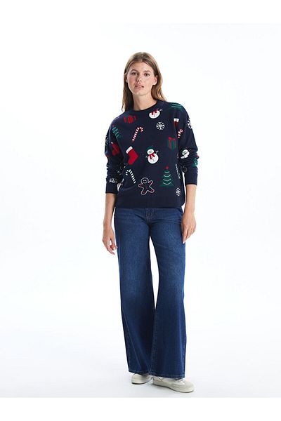 LC Waikiki Pulover de damă LCW Vision bleumarin cu decolteu triplu cu tematică de Anul Nou