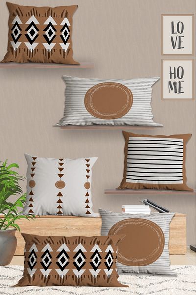 Belle Benoit Modern Brown Bohemian 6-Piece Double-Sided Printed Rectangle 30x50 And 43x43 Square Throw Pillow Case Set