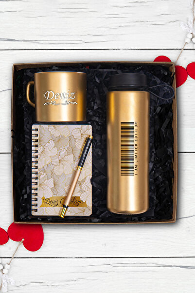 TrendHediye İsme Özel Gold Fincan,cam Suluk, Ahşap Defter, Tükenmez Kalem