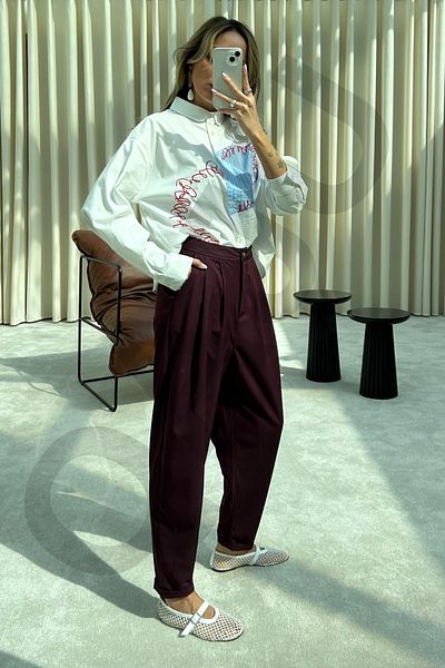 Qaju Women's Burgundy Stylish Office Pleated Carrot-Cut Trousers