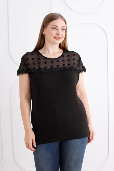 EGZEBRU Önü Püsküllü Puanlı Büyük Beden Siyah Bluz