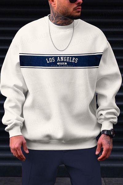 Millionaire Men's Ecru Off-White City of Angels Printed 0 Zero Collar Oversize Loose Loose Cut Fleece Sweatshirt