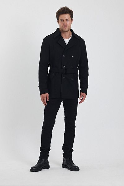 TREND KOMBİN Μαύρο ανδρικό παλτό Stamper - Διπλό γιακά, Slim Fit