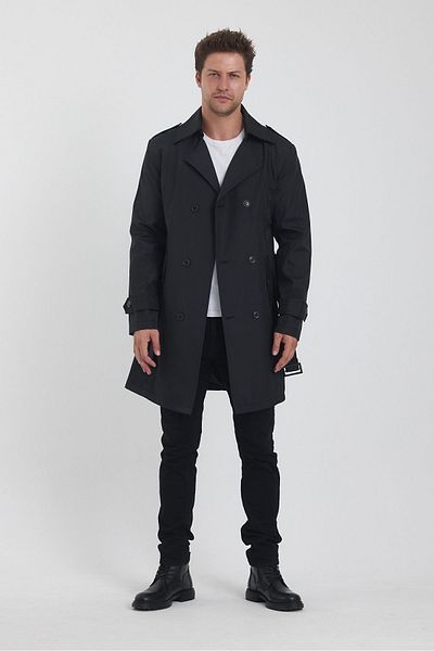 TREND KOMBİN Black Slim Fit Men's Trench Coat - Double Breasted Collar and Belt Detail