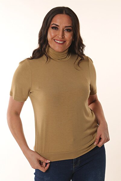 Trend42plus Turtleneck Short Sleeve Beige Knitwear Blouse
