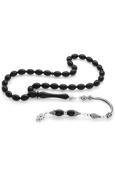 Tesbihane 925 проба срібла, однорядна, чорна, з бурштиновими намистинами