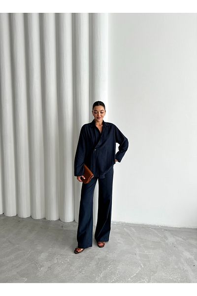 Laluvia Marineblaues, zweireihiges, geknöpftes Kimono-Hosen-Set aus 100 % Baumwolle
