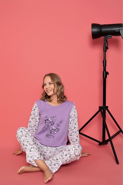 Sude HOMEWEAR Women's Lilac Color Patterned Two Thread Long Sleeve Pajama Set
