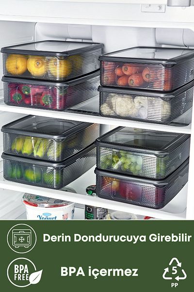 GRİMOR Life 6 Pieces Refrigerator Organizer Storage Container Set 3.5 Lt Smoked-Dip Freezing Storage Container